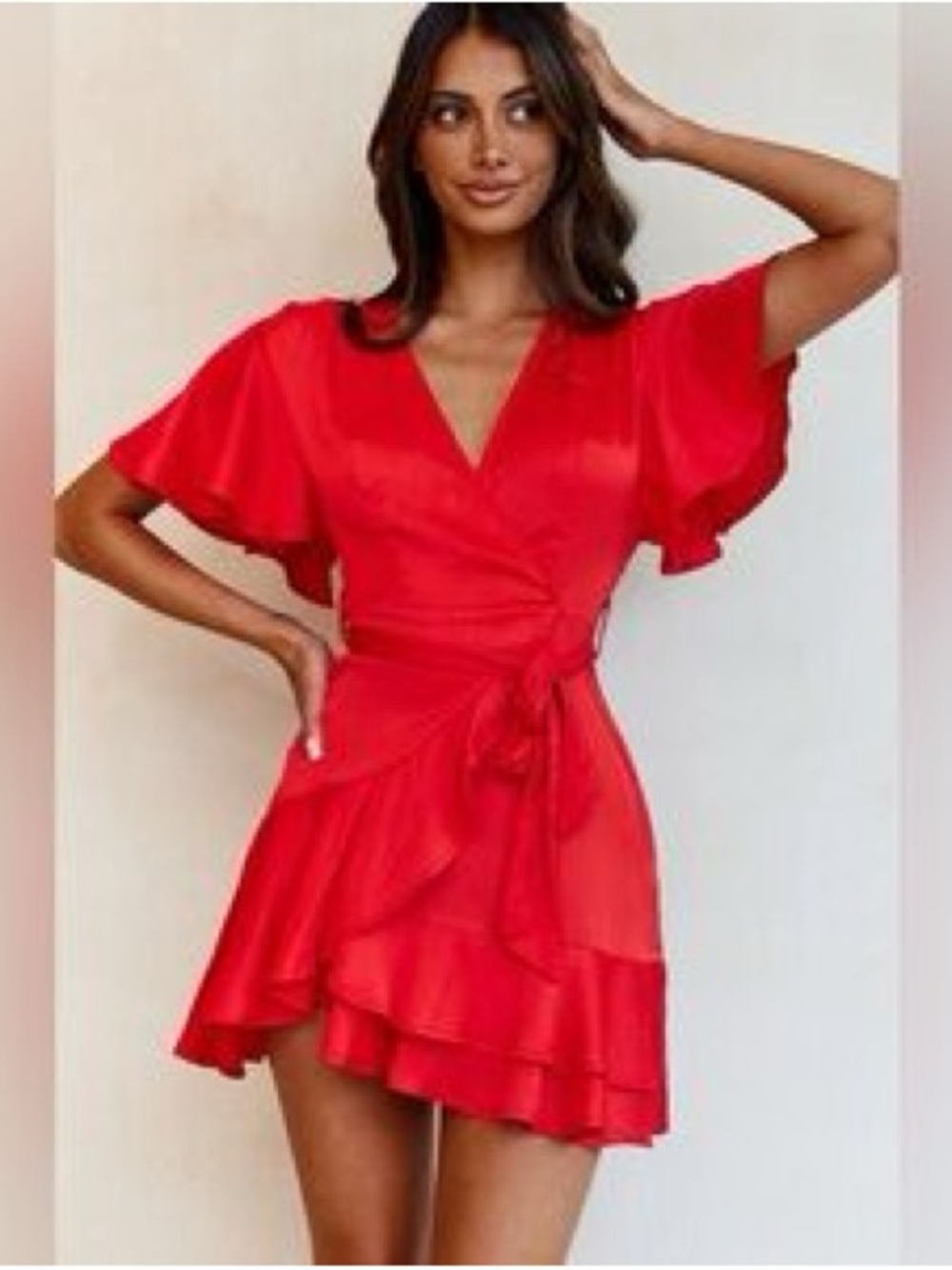 Saints + Secrets Selfie Leslie Red Wrap Mini Dress with Ruffle Hem
